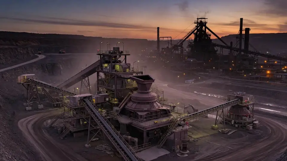 Ridgecast crushing and conveying plant at dusk, pit wall behind